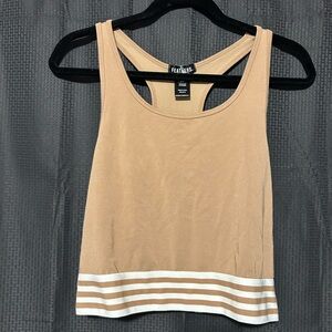 Feathers 1X/2X Women’s Plus Size Racerback Cropped Tank Top Tan and White Stripe